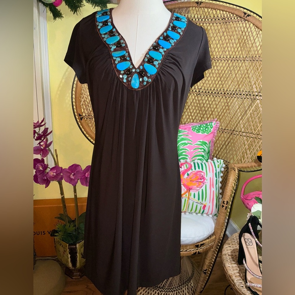 Ronni Nicole Dress Chocolate Brown & Turquoise Beaded Trim Size 12